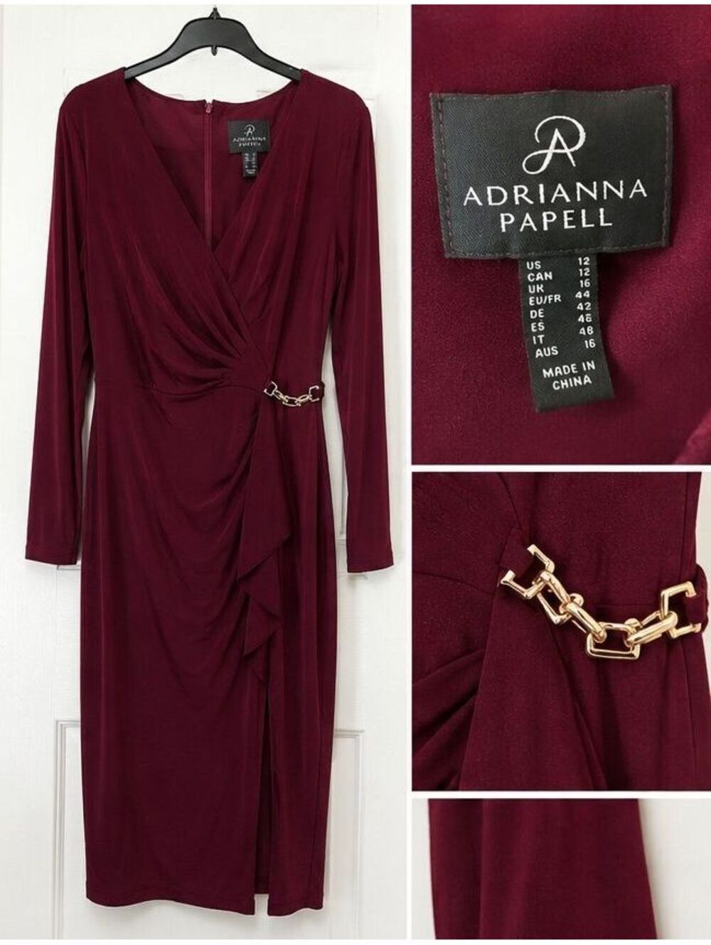 Adrianna Papell Wine Burgundy Long Sleeve Wrap Dress Ruched Gold Hardware Sz 12 - Picture 6 of 7